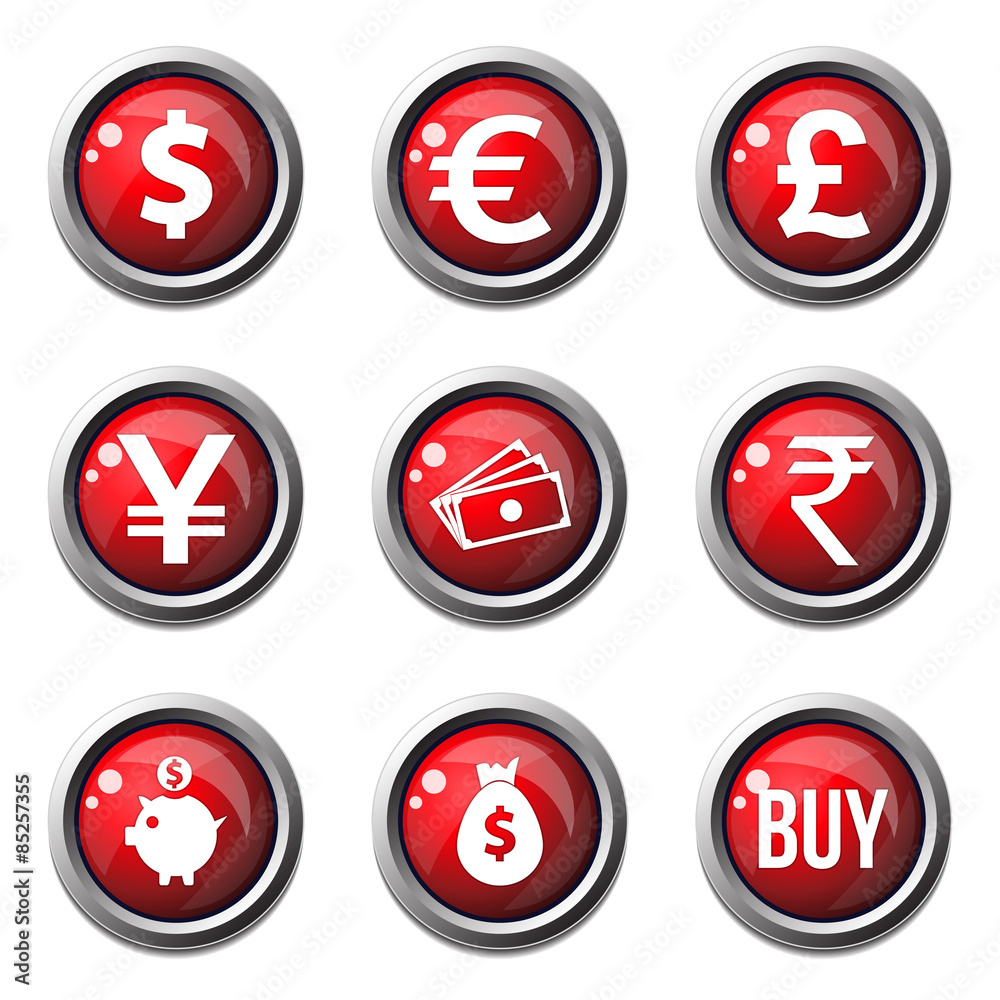 Currency Sign Red Vector Button Icon Design Set Currency Sign Red Vector Button Icon Design Set