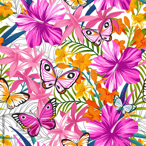 Seamless exotic pattern with tropical leaves, flowers and butterflies. Blooming jungle. Vector illustration.