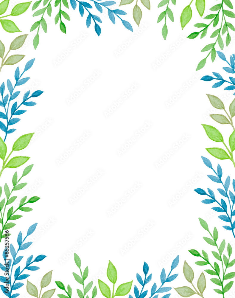 Watercolor background with green branches