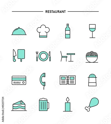 set of flat design, thin line restaurant icons