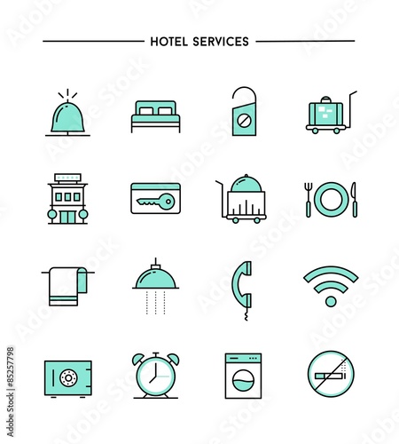 set of flat design, thin line hotel services icons