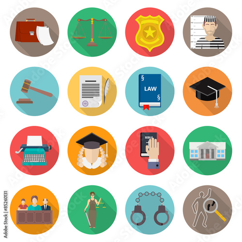 Law icon flat set with lawyer jail court jury