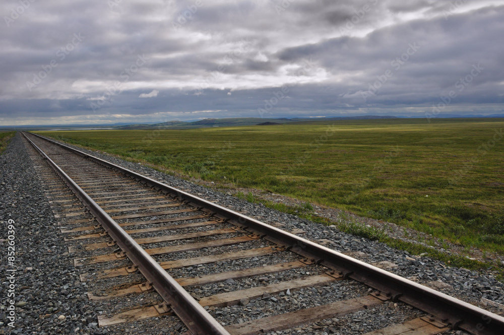 A railway in the tundra to Bovanenkovo gas-field (Yamal, Russia)