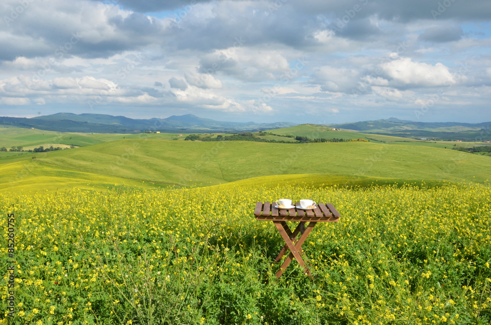 Coffee and cantuccini on the wooden table against Tuscan landsca