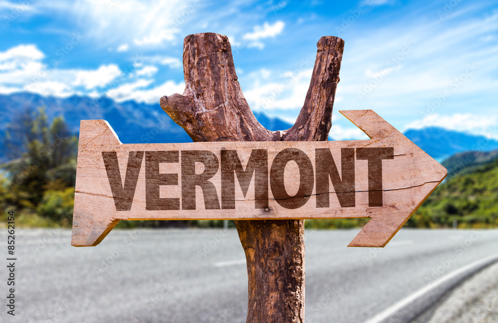 Vermont wooden sign with road background