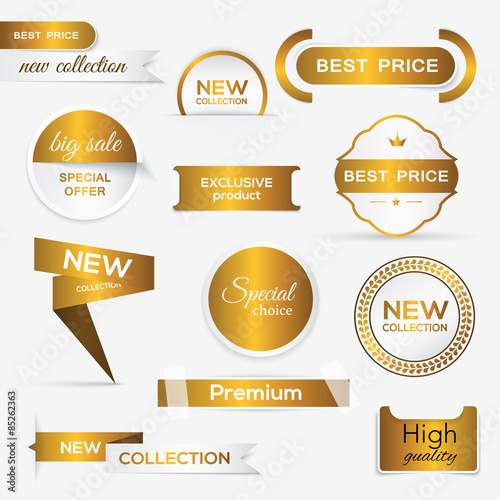 Collection of golden premium promo seals/stickers. photo