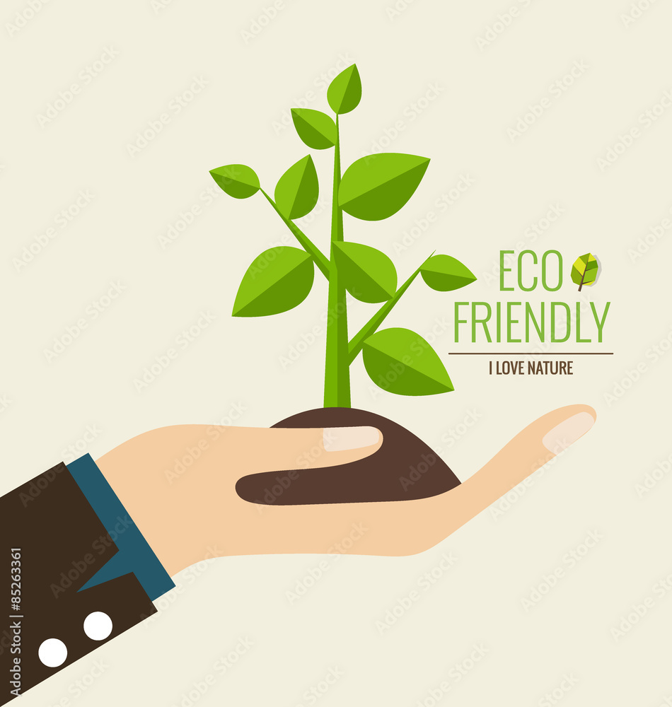 ECO FRIENDLY. Ecology concept with Hand and tree background. Vec ECO FRIENDLY. Ecology concept with Hand and tree background. Vec