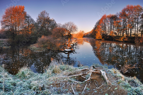Cold morning autumn landscape with a river. Grass covered by morning hoarfrost. Mist on the river. Bright morning sun illuminate the treetops
