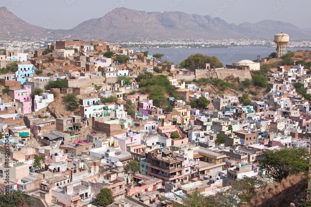 The town of Ajmer in Rajasthan, with the Aravalli hills and the large artificial lake Anasagar