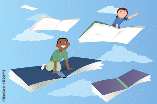 Little kids flying on books in the sky, vector illustration, EPS 8