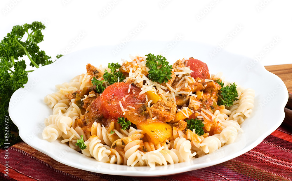 Pasta Fusilli, Fresh Vegetables and Bolognese Sauce Pasta Fusilli, Fresh Vegetables and Bolognese Sauce