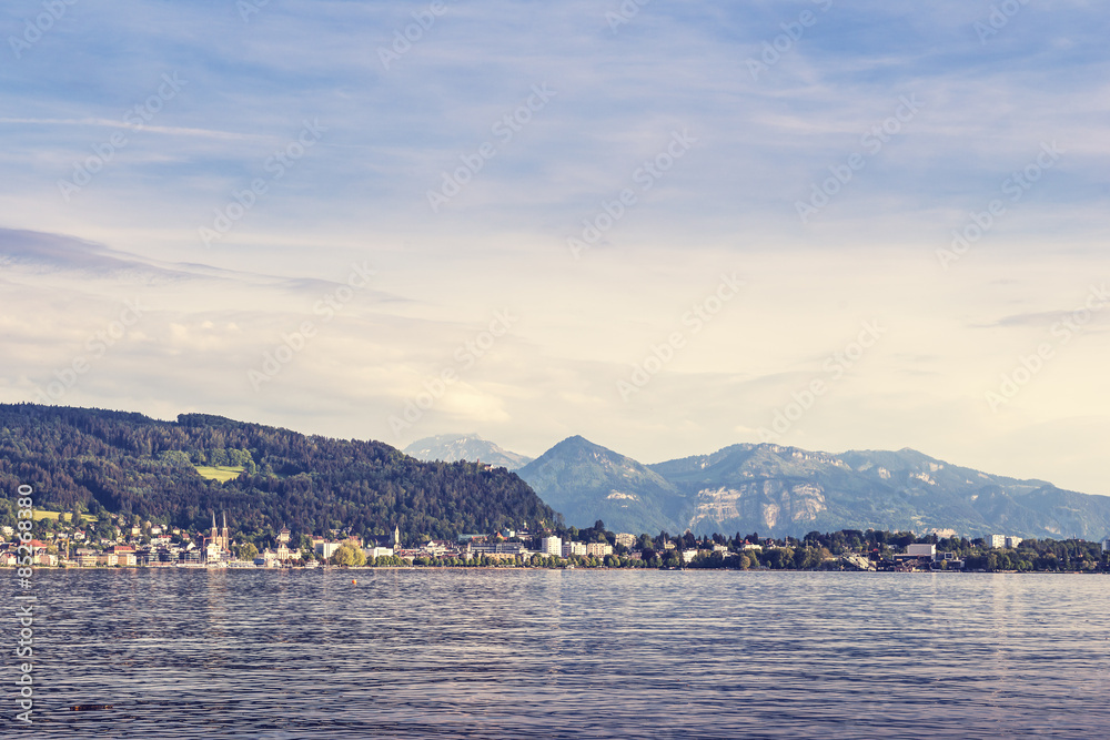 Cityscape of Bregenz and Constance Lake - Bodensee. Rerto filter.