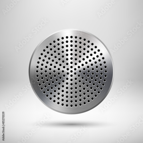 Abstract circle badge, audio button template with circle perforated speaker grill pattern, metal texture (chrome, steel, silver), realistic shadow and light background. Vector illustration.