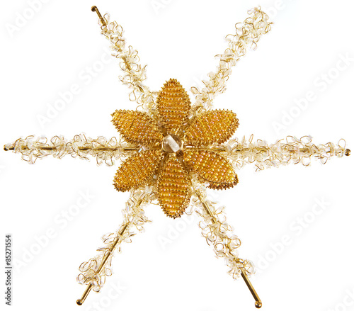 Snowflake Christmas Ornament, glass beads, gold color, isolated on white. 