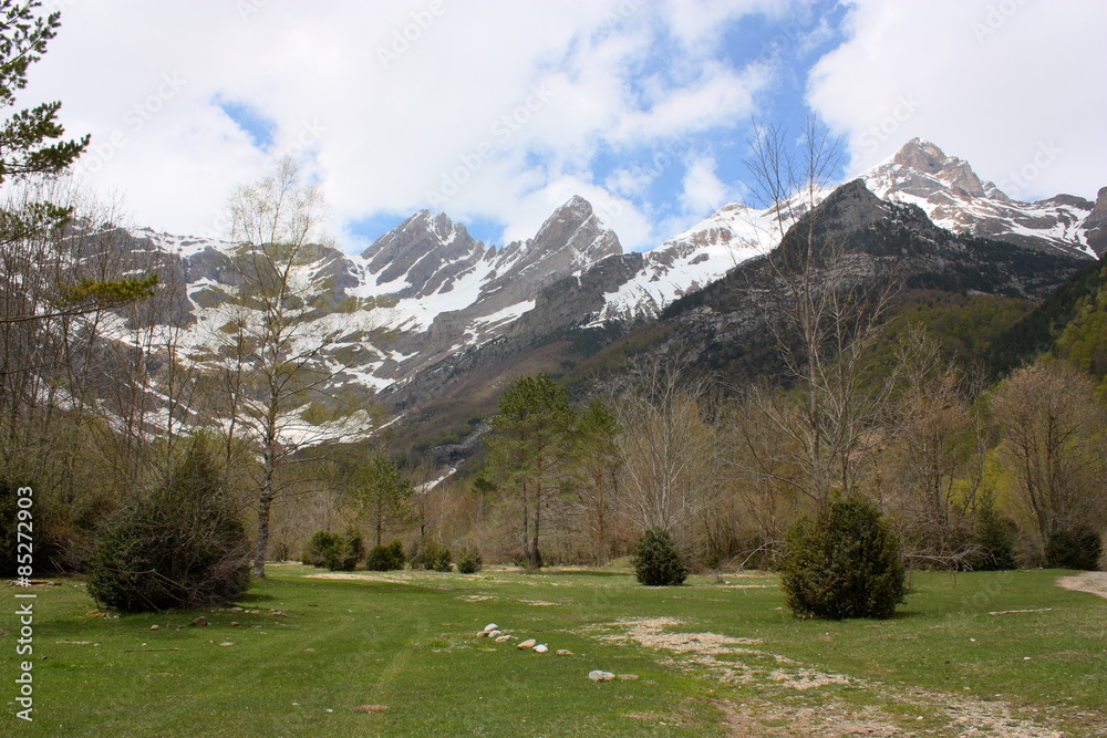 Vistas de montañas y campos en el Valle de Pineta. Parque Nacional de Ordesa y monte Perdido. pirineos. Huesca