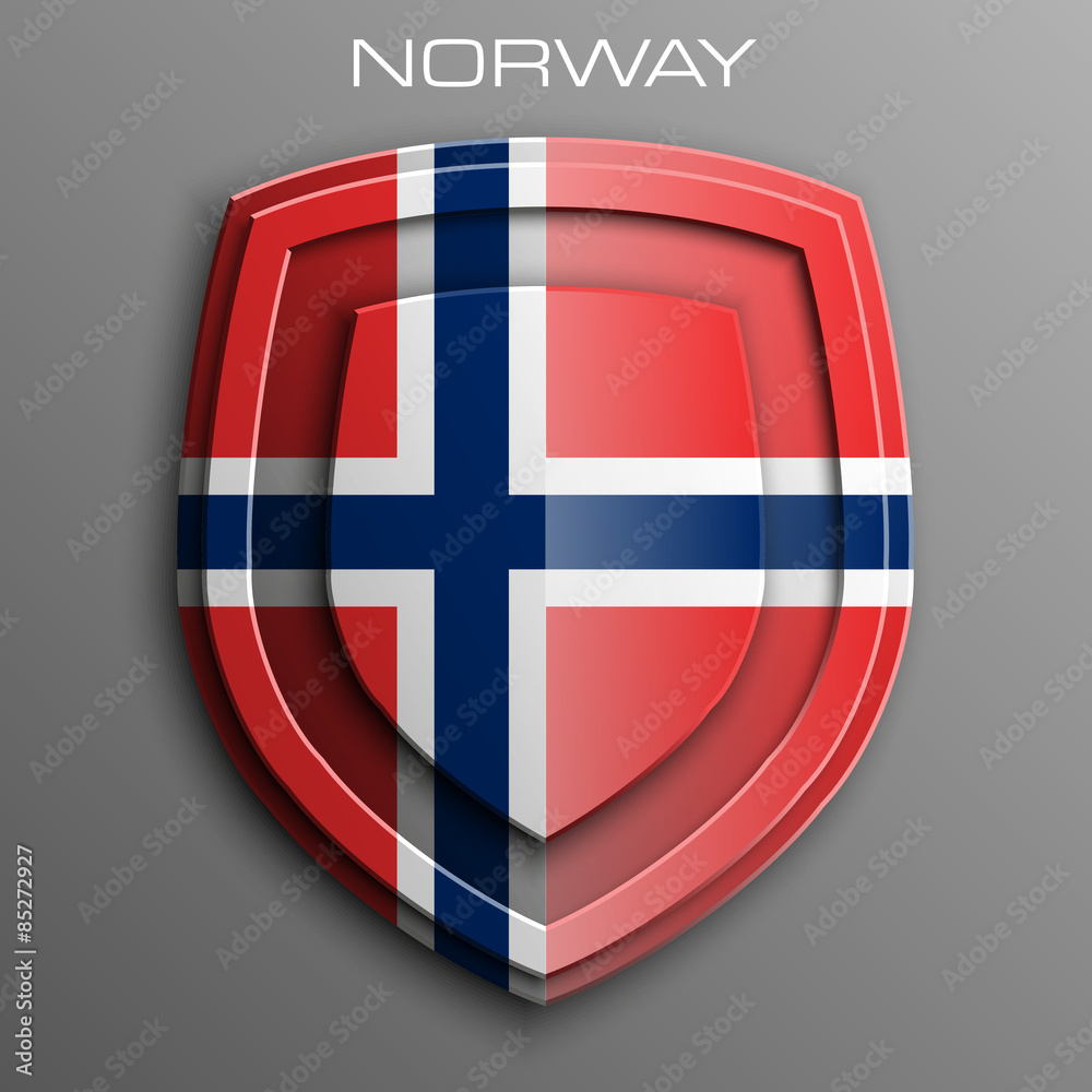Obraz premium Kingdom of Norway Flag on a Shiny Shield, Vector Illustration isolate on Grey Background
