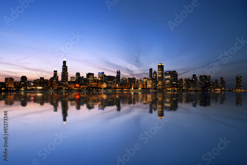 Chicago Skyline Reflecting On Lake Michigan 