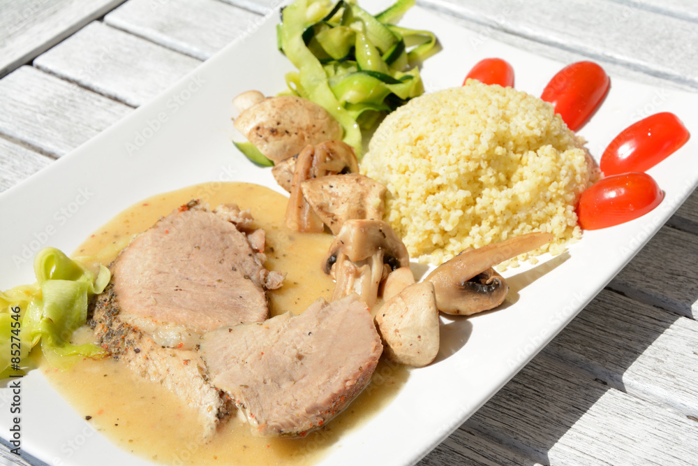 Baked pork loin, millet gruel, mushrooms and vegetables. Baked pork loin, millet gruel, mushrooms and vegetables.