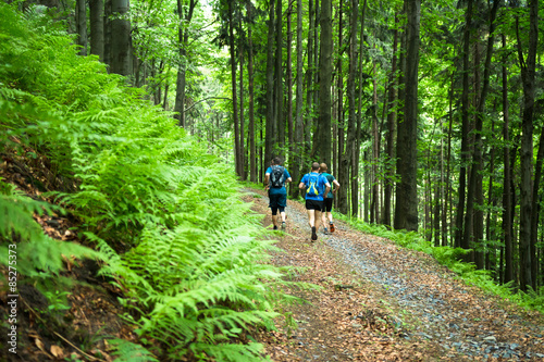 four men running together on the trail in the green forest 