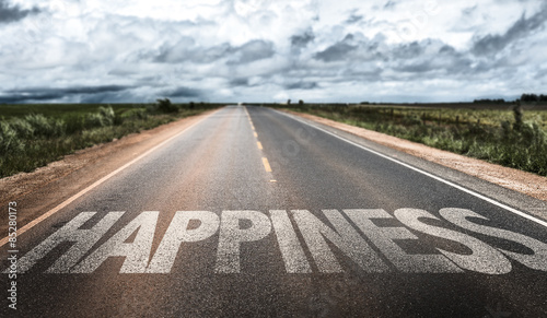 Happiness written on the road