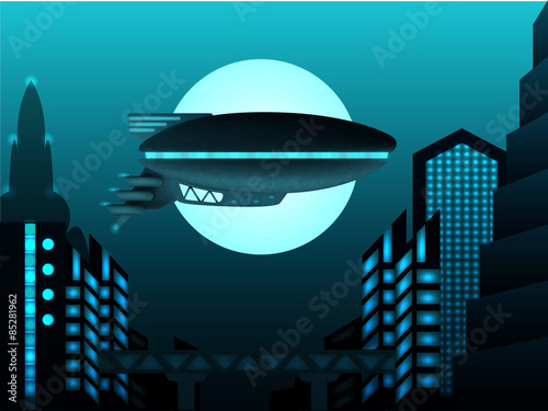 Science fiction illustration. Zeppelin in front of urban landscepe photo