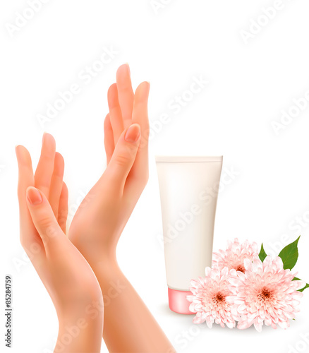 Beautiful female hands with a cream and flowers. Vector.