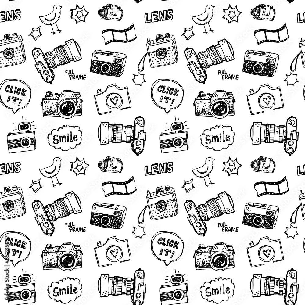 Naklejka premium Hand drawn vector photography doodles seamless pattern.