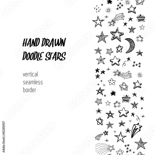 Hand drawn doodle stars, vertical seamless border. Creative background.