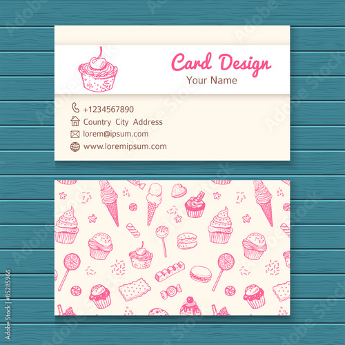 Business card template with hand drawn sweets set.