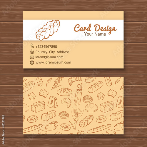 Business card template with hand drawn doodle bakery set.
