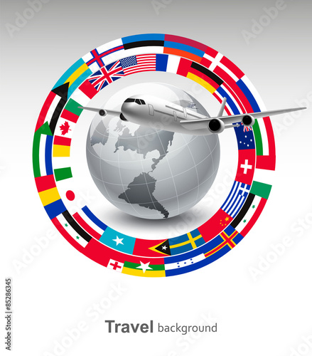 Travel background. Globe with a plane and a circle of flags. Vec
