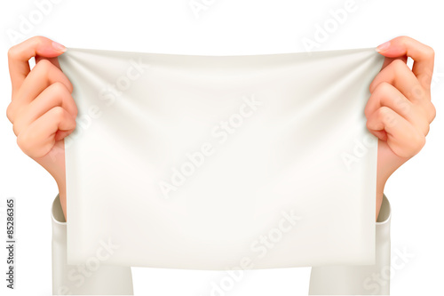 Hands holding a piece of cloth - banner. Vector.