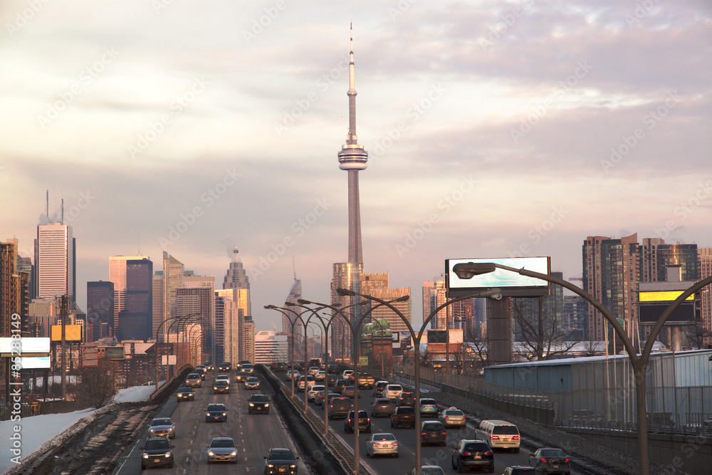 Naklejka premium Busy highway to Toronto Downtown. Toronto, Ontario, Canada