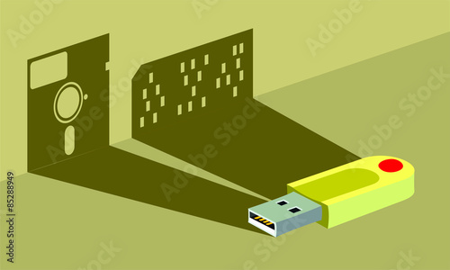 representación memoria usb moderno proyectando sombra diskette y tarjeta perforada en contrapicado
