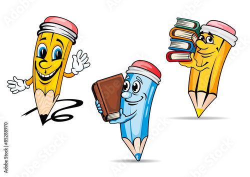 Pencils with books cartoon characters