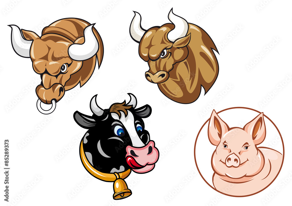 Cartoon heads of bulls, cow and pig Cartoon heads of bulls, cow and pig
