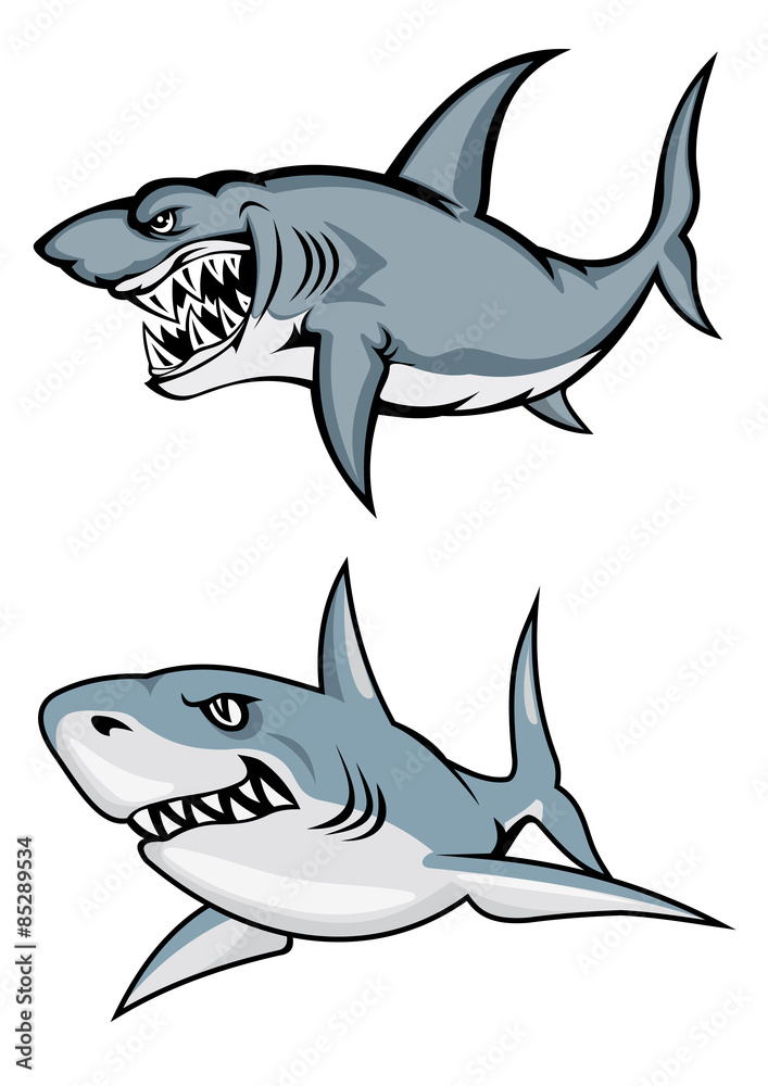 Cartoon white sharks with evil smiles Stock Vector | Adobe Stock
