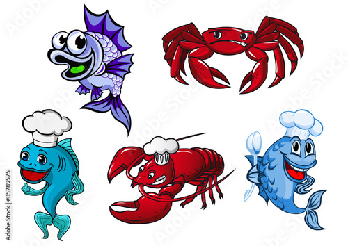 Smiling fishes, crayfish and crab cartoon characters
