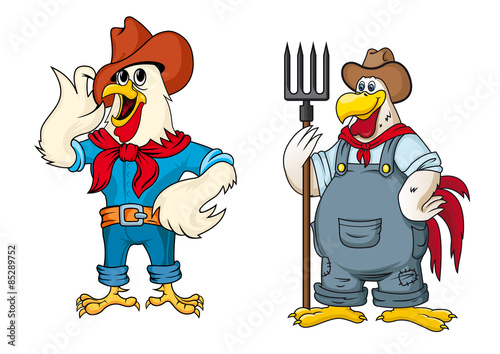 Happy farmer rooster cartoon characters