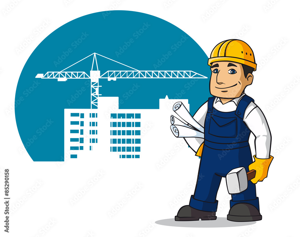 Smiling builder with hummer and plans Smiling builder with hummer and plans
