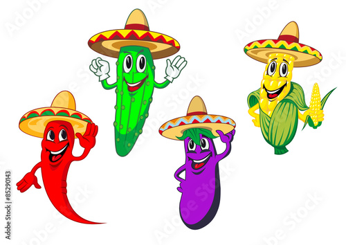 Vegetables in mexican sombreros cartoon characters