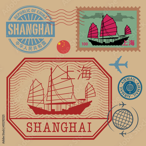 Travel stamps set with the text Shanghai
