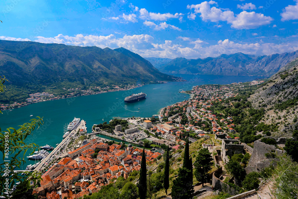 Looking over the Bay of Kotor in Montenegro with view of mountai