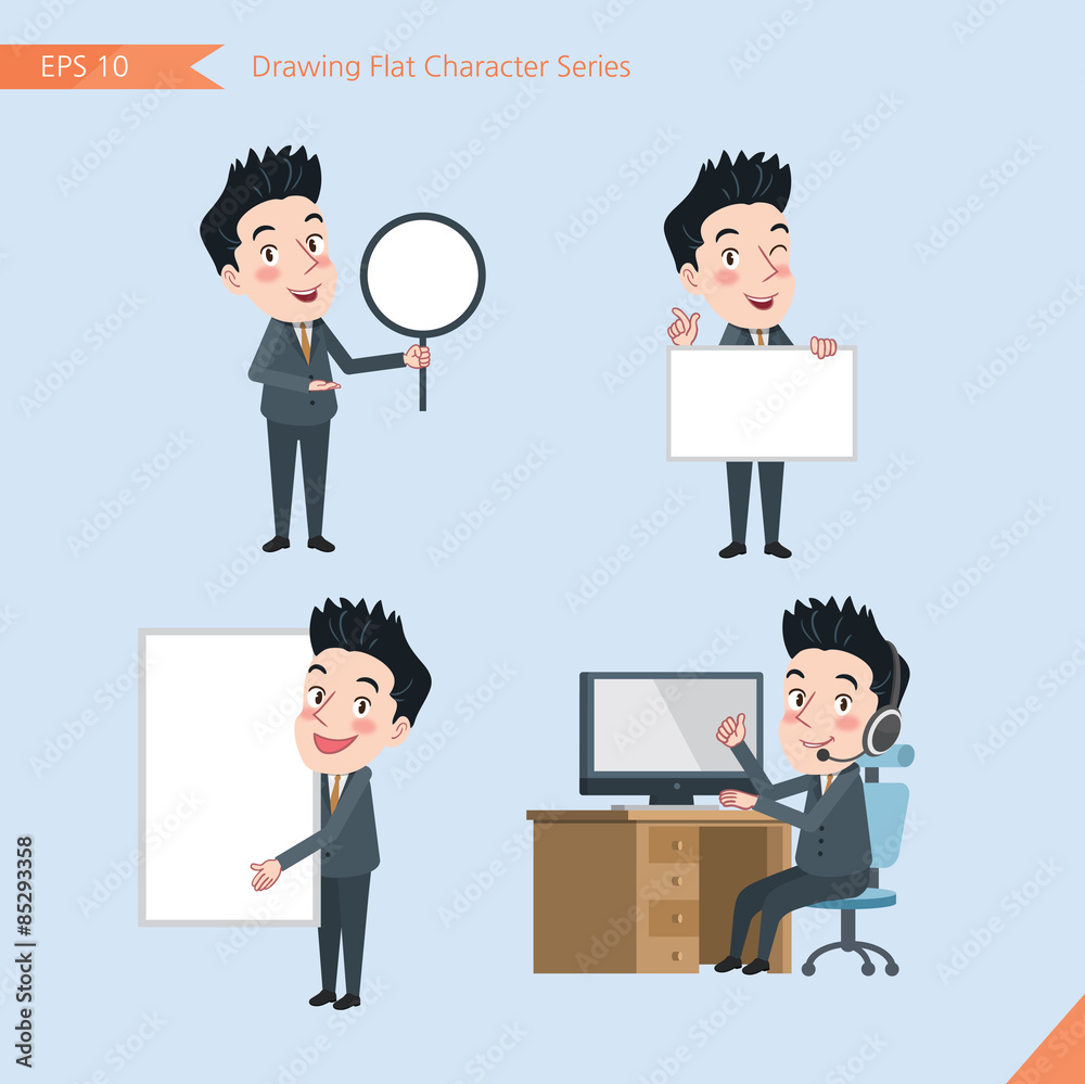 Set of drawing flat character style, business concept handsome office worker activities - banner, whiteboard, computing, telemarketing, introduction Set of drawing flat character style, business concept handsome office worker activities - banner, whiteboard, computing, telemarketing, introduction