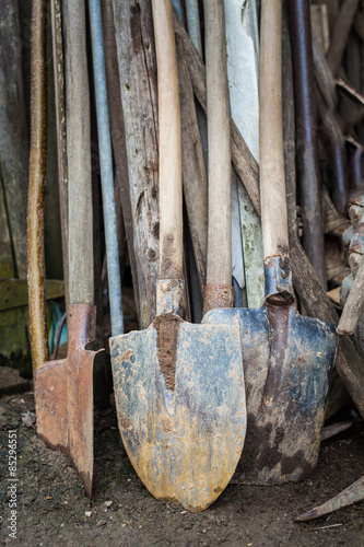 Gardening tools in a shed