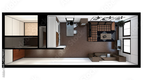 3D interior rendering of a small loft with textures