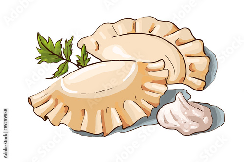 Vector illustration of a couple dumplings, sour cream and parsley. Ukrainian cuisine