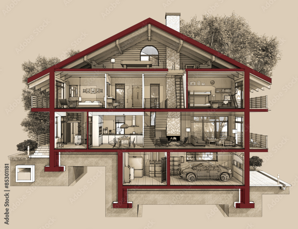 3d section of a country house - obrazy, fototapety, plakaty 
