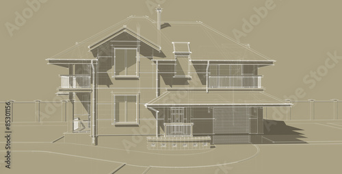 The sketch of the facade of a country house