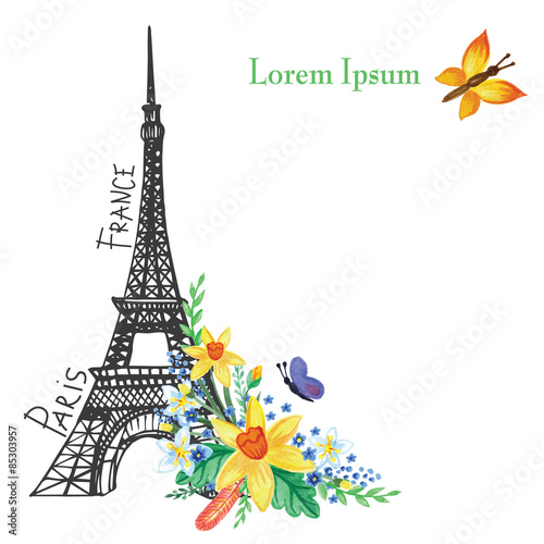 Paris  spring card.Eiffel tower,Watercolor flowers